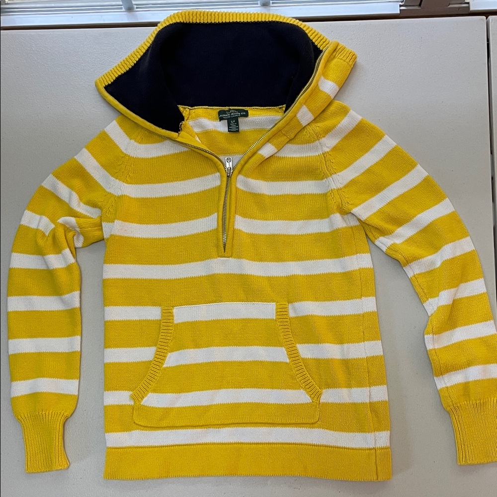 Lands' End Yellow and White Striped Zip-Up Sweater